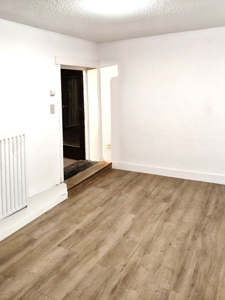 Renovated living room with laminate floor and radiator